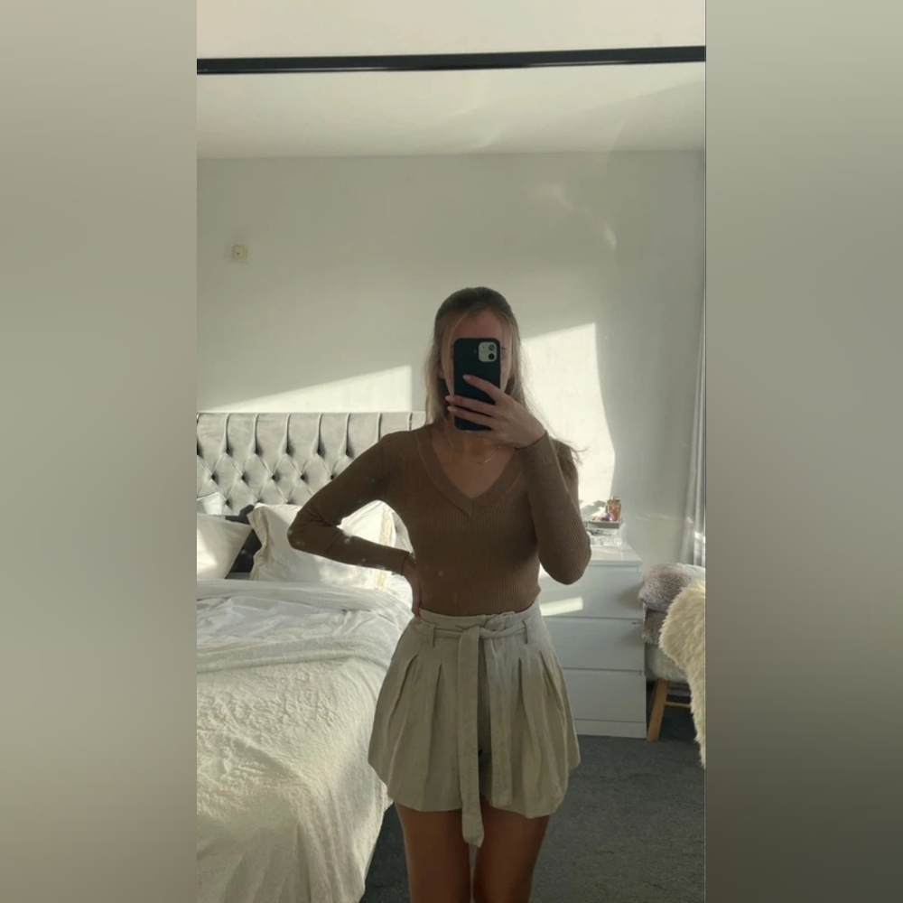 Brown V-Neck Sweater and Cream Skirt Set